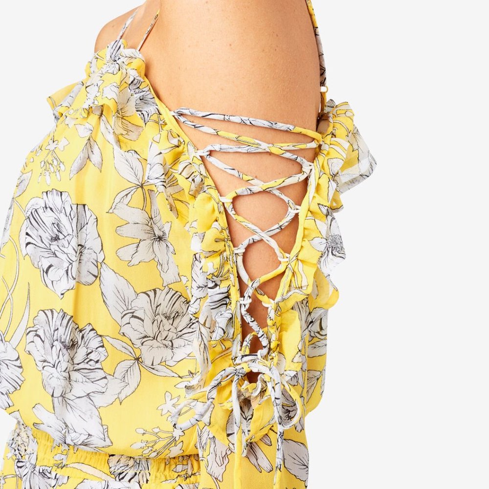 SEED Tie Sleeve Daffodil Yellow Floral Cold Shoulder Mini Dress - Picture 7 of 13